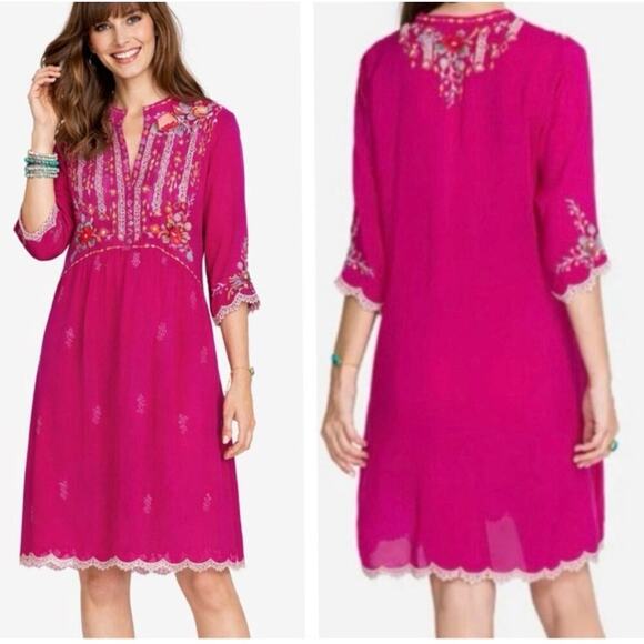 Johnny Was Dresses & Skirts - Johnny Was XS Fuchsia Embroidered Floral Boho Dress Sheer Silk Blend 3/4 Sleeve